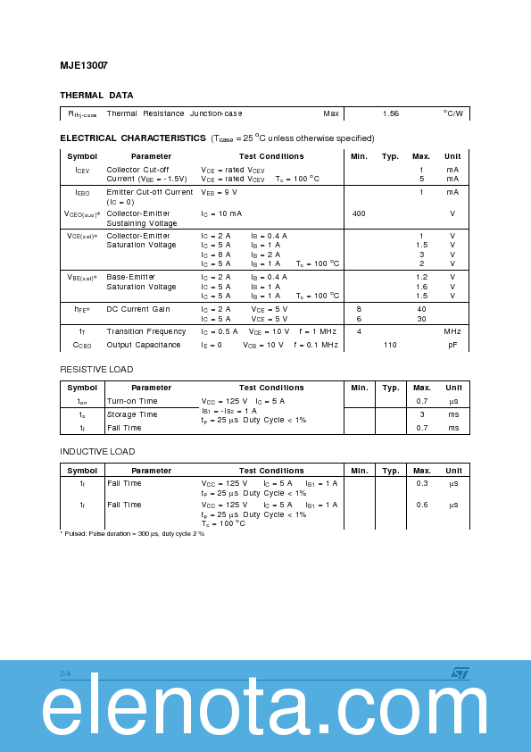 MJE13007 Datasheet PDF (30 KB) STMicroelectronics | Pobierz z Elenota.pl