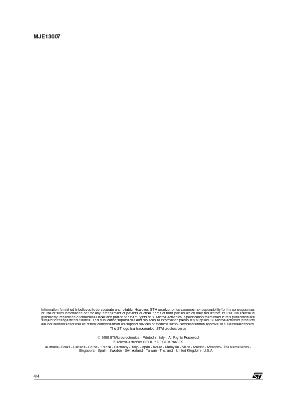 MJE13007 Datasheet PDF (30 KB) STMicroelectronics | Pobierz z Elenota.pl