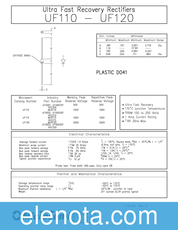 MUR110 Datasheet PDF (108 KB) Microsemi Pobierz z Elenota.pl