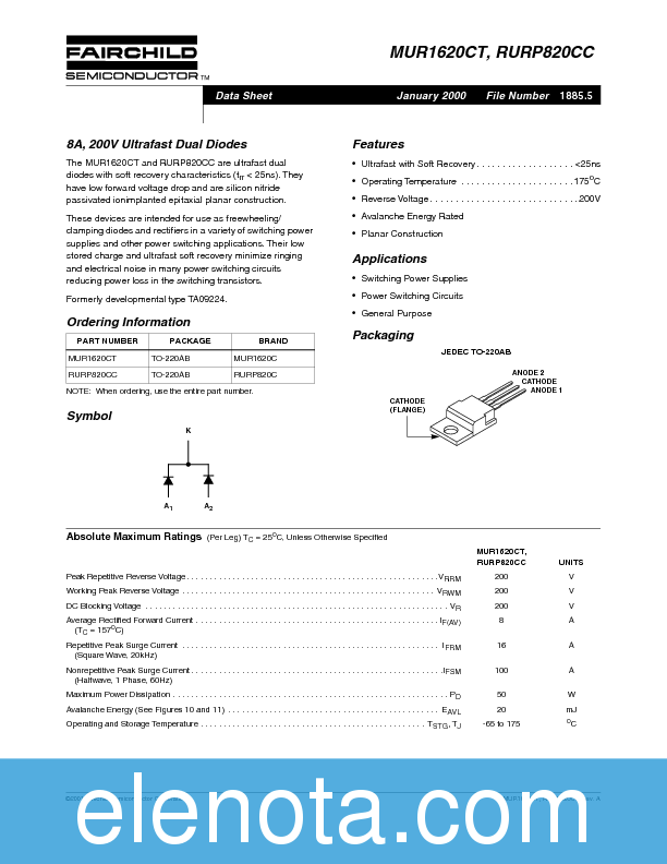 MUR1620CT Datasheet PDF (70 KB) Fairchild | Pobierz z Elenota.pl