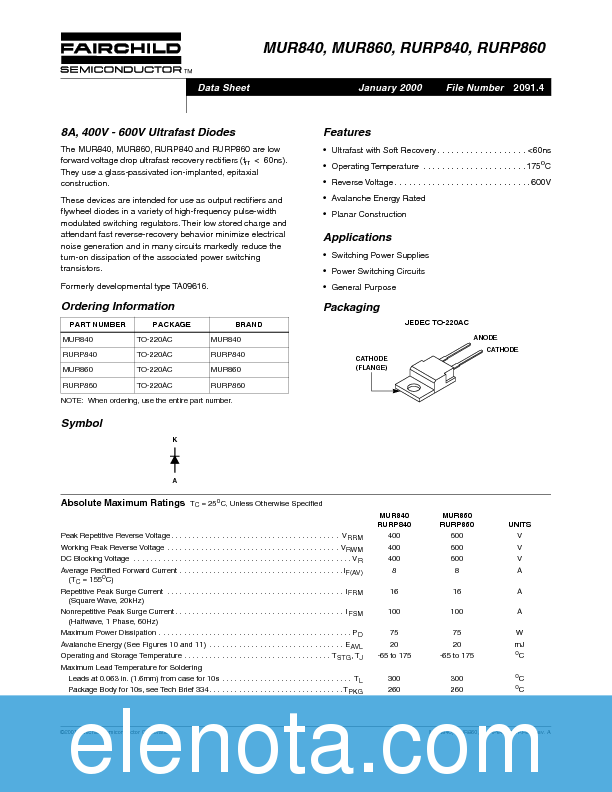 MUR860 Datasheet PDF (70 KB) Fairchild | Pobierz z Elenota.pl