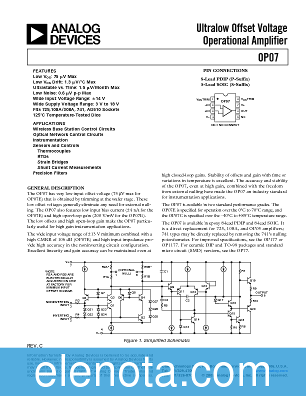 OP07 Datasheet PDF (201 KB) Analog Devices | Pobierz z Elenota.pl