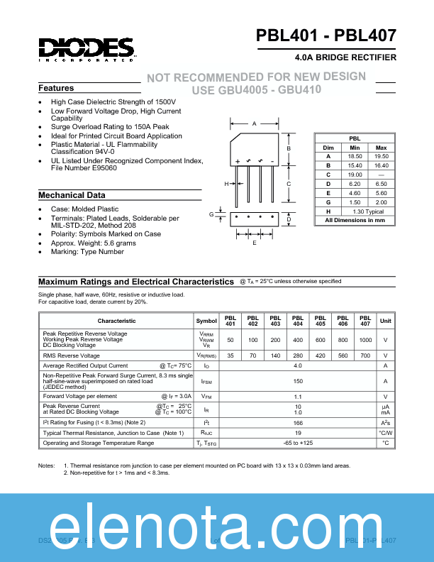 PBL405 Datasheet PDF (70 KB) Diodes Incorporated | Pobierz z Elenota.pl