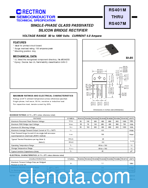 RS405M Datasheet PDF (33 KB) Rectron | Pobierz z Elenota.pl