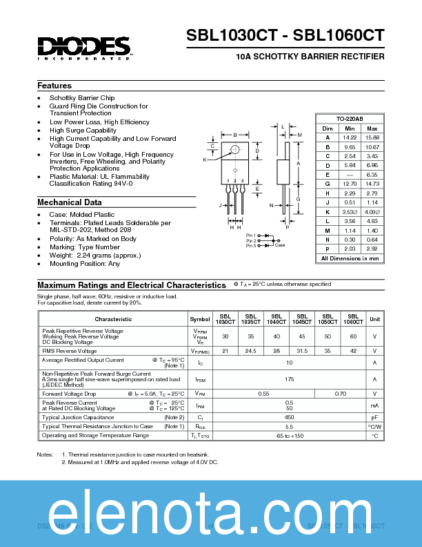 SBL1030CT Datasheet PDF (69 KB) Diodes Incorporated | Pobierz z Elenota.pl