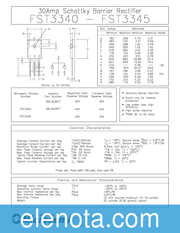 SBL3040PT Datasheet PDF (146 KB) Microsemi | Pobierz z Elenota.pl