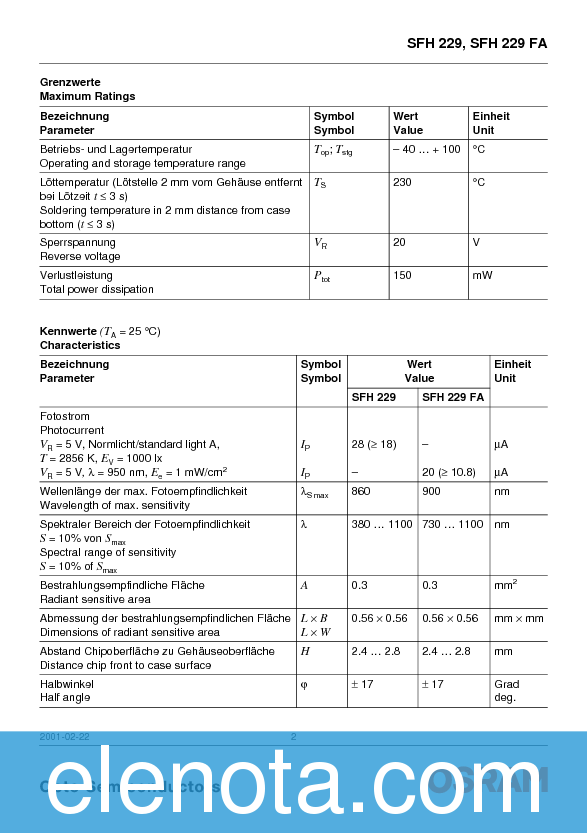 SFH229 Datasheet PDF (230 KB) Infineon | Pobierz z Elenota.pl