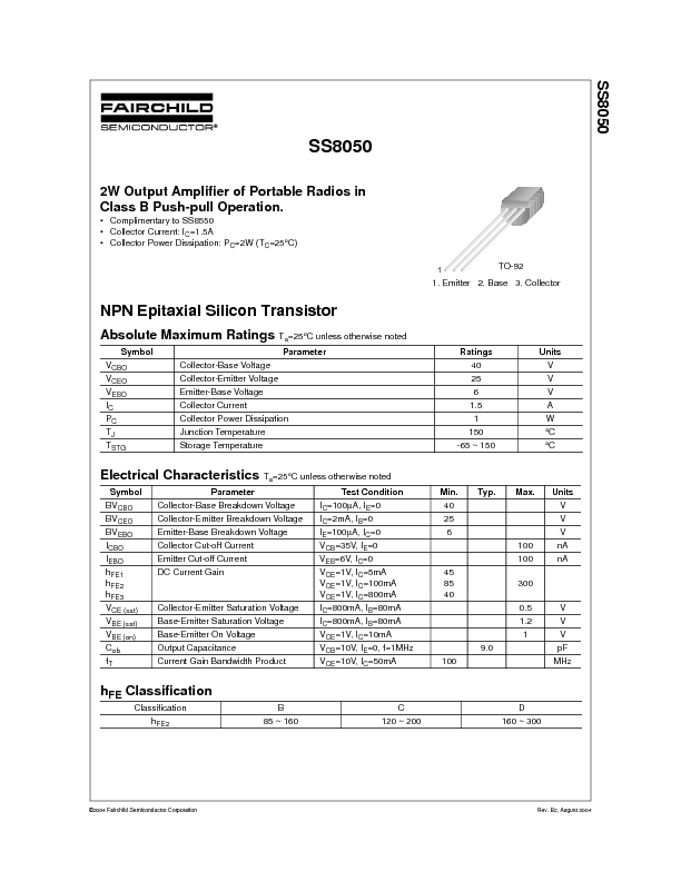 SS8050 Datasheet PDF (42 KB) Fairchild | Pobierz z Elenota.pl