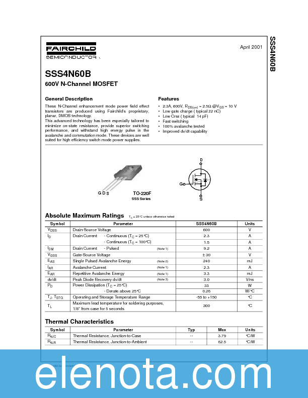 SSS4N60B Datasheet PDF (674 KB) Fairchild | Pobierz z Elenota.pl