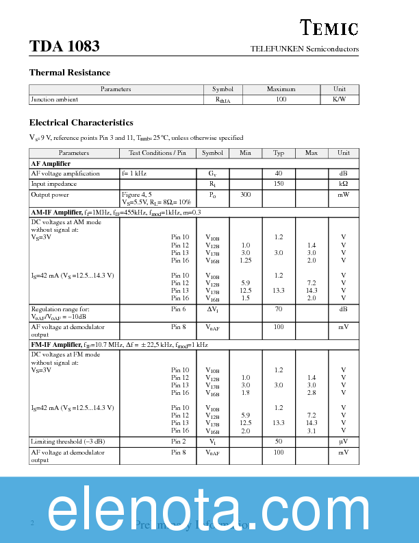 TDA1083 Datasheet PDF (437 KB) Temic | Pobierz z Elenota.pl