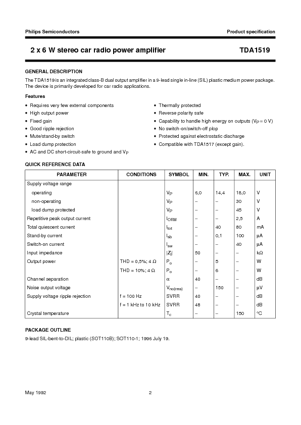 TDA1519 Datasheet PDF (72 KB) Philips | Pobierz z Elenota.pl