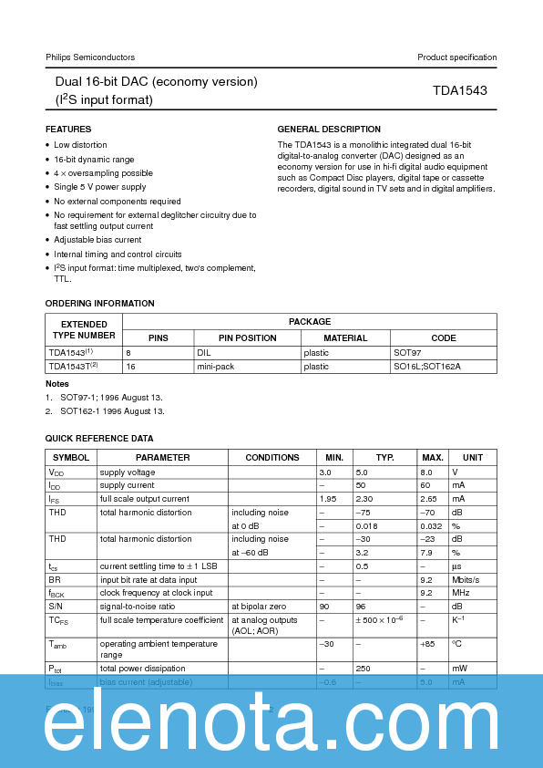 TDA1543 Datasheet PDF (100 KB) Philips | Pobierz z Elenota.pl