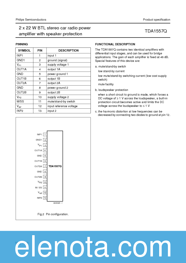 TDA1557Q Datasheet PDF (61 KB) Philips | Pobierz z Elenota.pl
