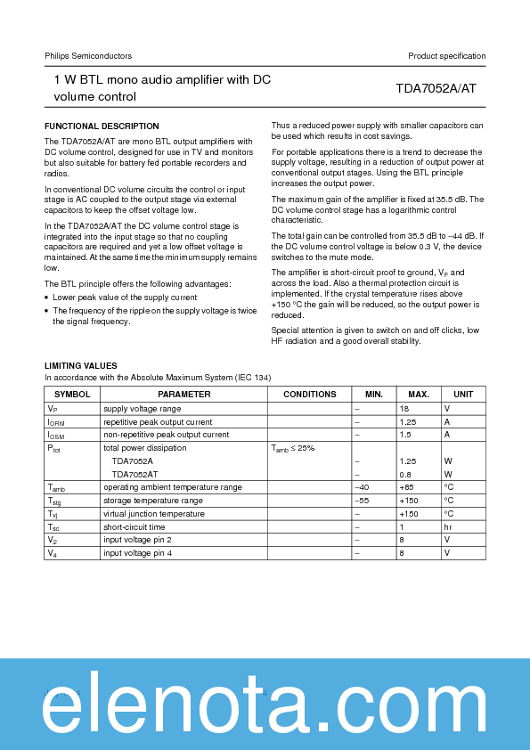 TDA7052A/AT Datasheet PDF (61 KB) Philips | Pobierz z Elenota.pl