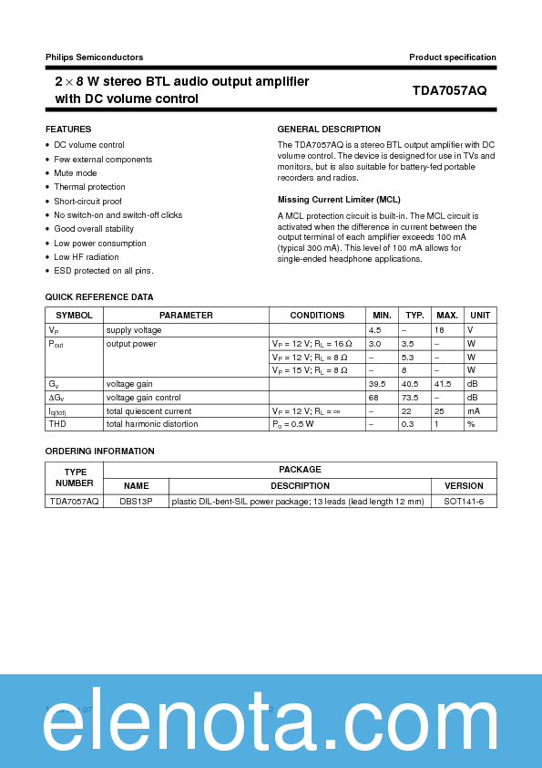 TDA7057AQ Datasheet PDF (95 KB) Philips | Pobierz z Elenota.pl