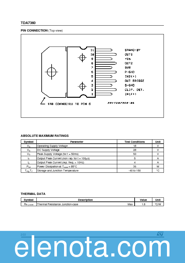 TDA7360 Datasheet PDF (225 KB) STMicroelectronics | Pobierz z Elenota.pl