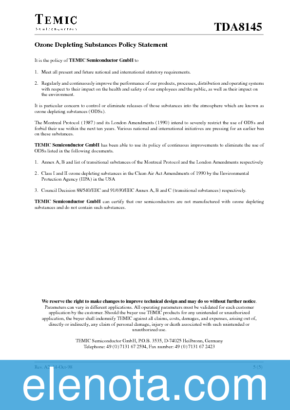 TDA8145 Datasheet PDF (86 KB) Temic | Pobierz z Elenota.pl
