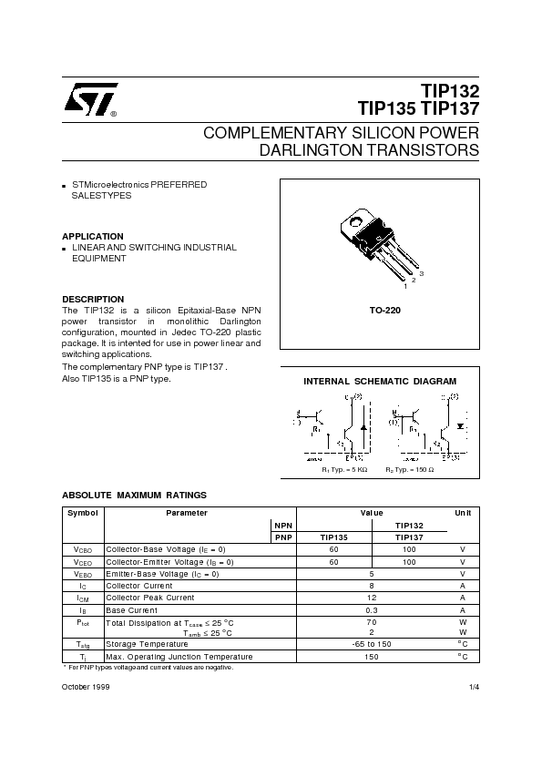 TIP132 Datasheet PDF (36 KB) STMicroelectronics | Pobierz z Elenota.pl