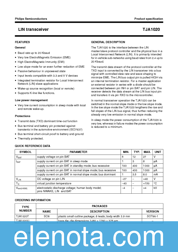 TJA1020 Datasheet PDF (129 KB) Philips | Pobierz z Elenota.pl