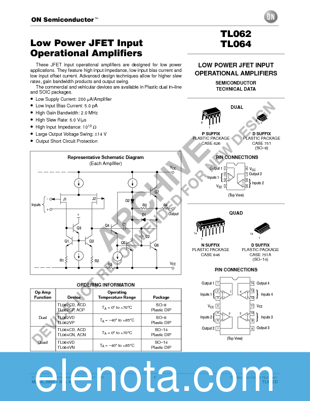 TL062 Datasheet PDF (193 KB) ON Semiconductor | Pobierz z Elenota.pl