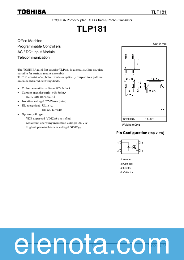 TLP181 Datasheet PDF (150 KB) Toshiba | Pobierz z Elenota.pl