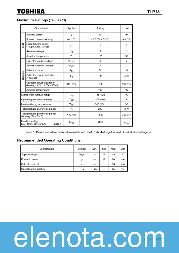 TLP181 Datasheet PDF (150 KB) Toshiba Pobierz z Elenota.pl