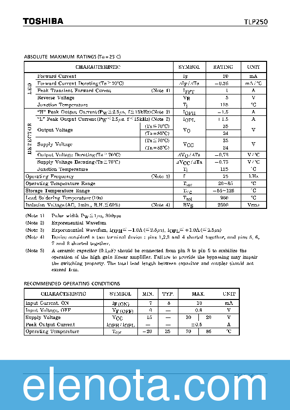 TLP250 Datasheet PDF (335 KB) Toshiba | Pobierz z Elenota.pl