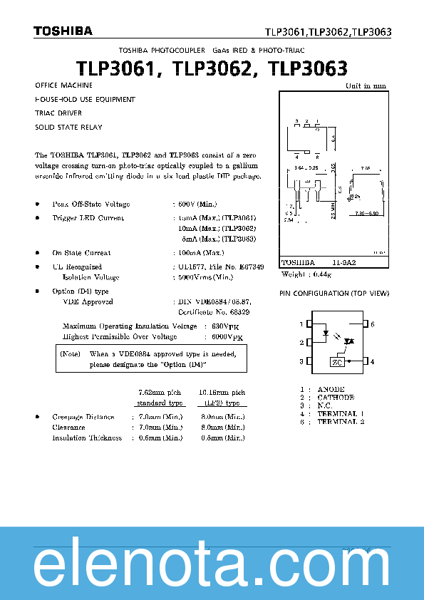 TLP3062 Datasheet PDF (304 KB) Toshiba | Pobierz z Elenota.pl