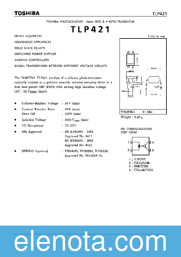TLP421 Datasheet PDF (377 KB) Toshiba | Pobierz z Elenota.pl