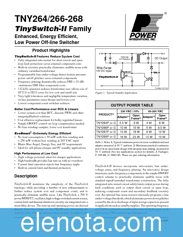 TNY264 Datasheet PDF (516 KB) Power Integrations | Pobierz z Elenota.pl
