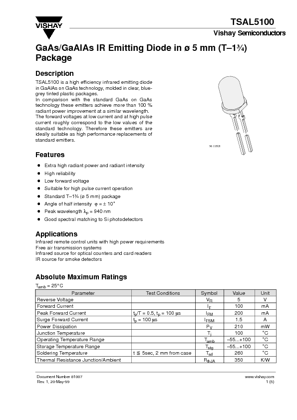 TSAL5100 Datasheet PDF (100 KB) Vishay | Pobierz z Elenota.pl