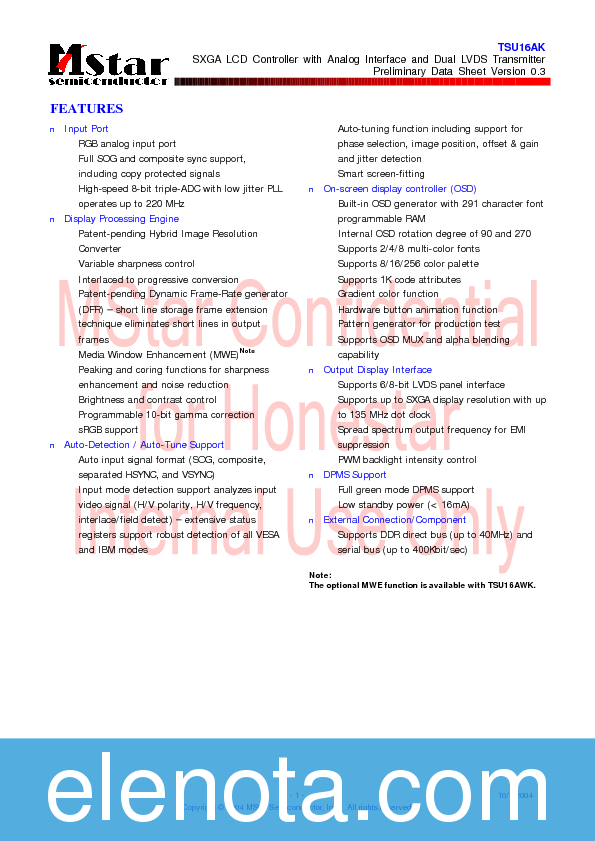 TSU16AK Datasheet PDF (1.37 MB) MStar Semiconductor | Pobierz z Elenota.pl