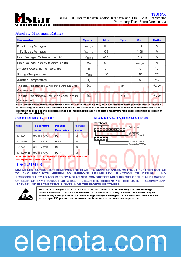 TSU16AK Datasheet PDF (1.37 MB) MStar Semiconductor | Pobierz z Elenota.pl
