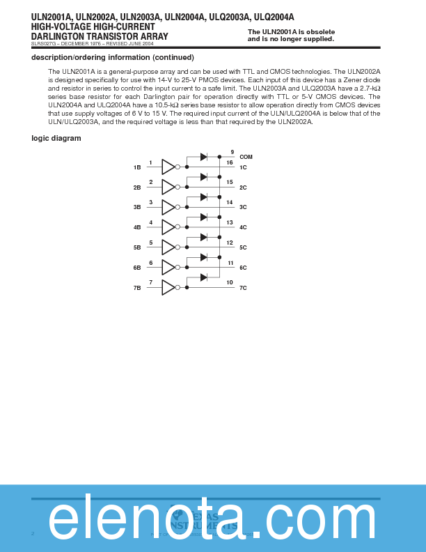 ULN2001A Datasheet PDF (499 KB) Texas Instruments | Pobierz z Elenota.pl
