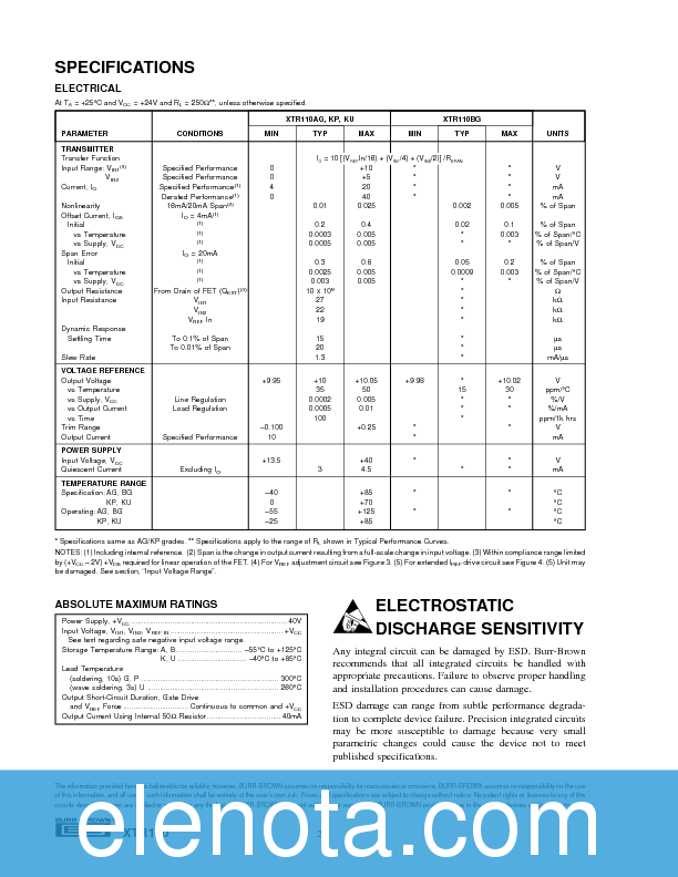 XTR110 Datasheet PDF (123 KB) Texas Instruments | Pobierz z Elenota.pl