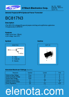 Cystech Electonics BC817N3 datasheet