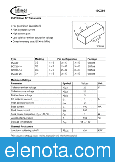 Infineon BCX69-16 datasheet