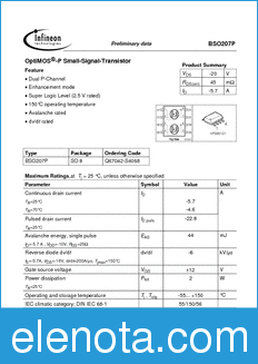 Infineon BSO207P datasheet