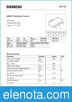 Infineon BSP125 datasheet