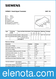 Infineon BSP135 datasheet