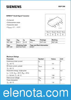 Infineon BSP299 datasheet