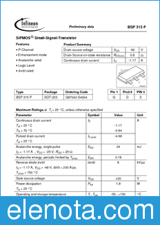 Infineon BSP315 datasheet