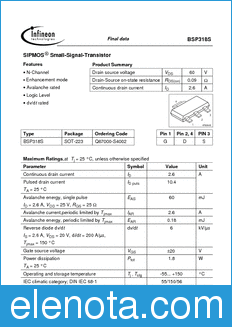 Infineon BSP318 datasheet