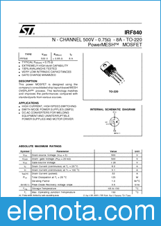 STMicroelectronics IRF840 datasheet
