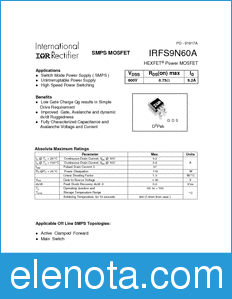 International Rectifier IRFS9N60A datasheet