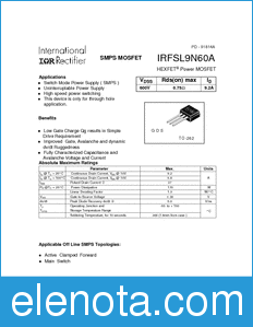 International Rectifier IRFSL9N60A datasheet