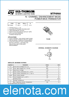 STMicroelectronics MTP6N60 datasheet