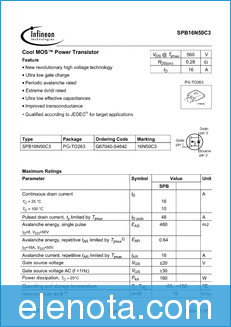 Infineon Technologies AG SPB16N50C3 datasheet