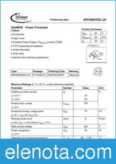 Infineon SPD30N03S2L-20 datasheet