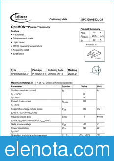 Infineon SPD30N08S2L-21 datasheet